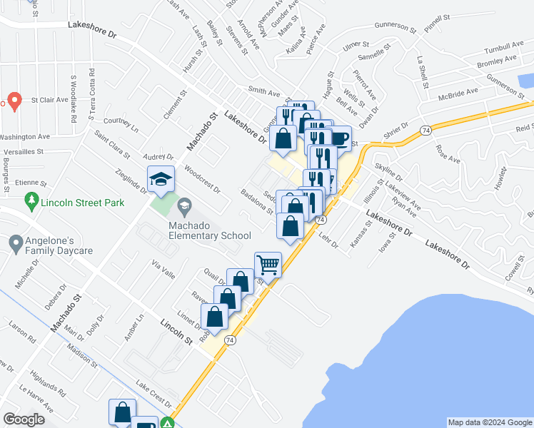 map of restaurants, bars, coffee shops, grocery stores, and more near 16527 Badalona Street in Lake Elsinore