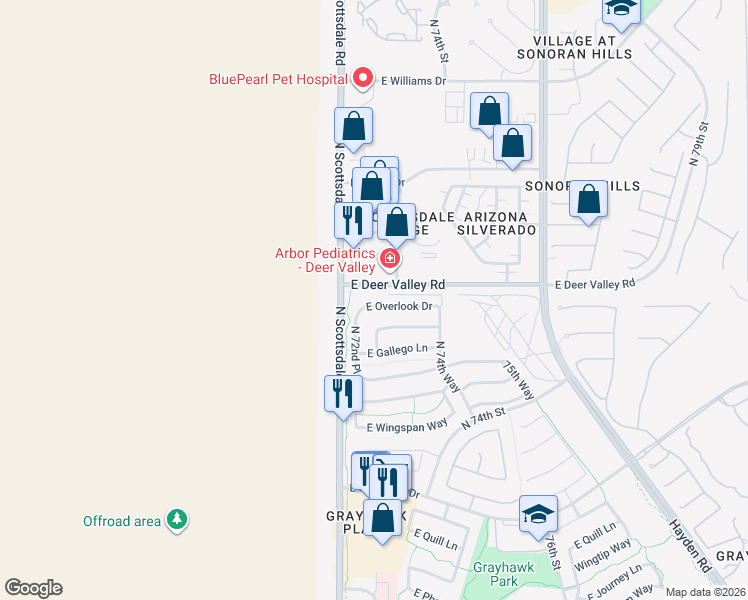 map of restaurants, bars, coffee shops, grocery stores, and more near 7224 East Overlook Drive in Scottsdale