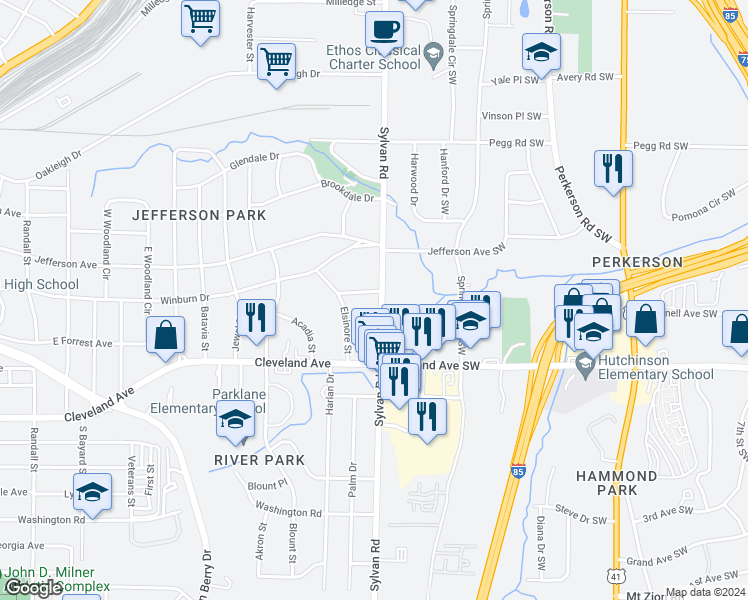 map of restaurants, bars, coffee shops, grocery stores, and more near 2617 Sylvan Road in Atlanta