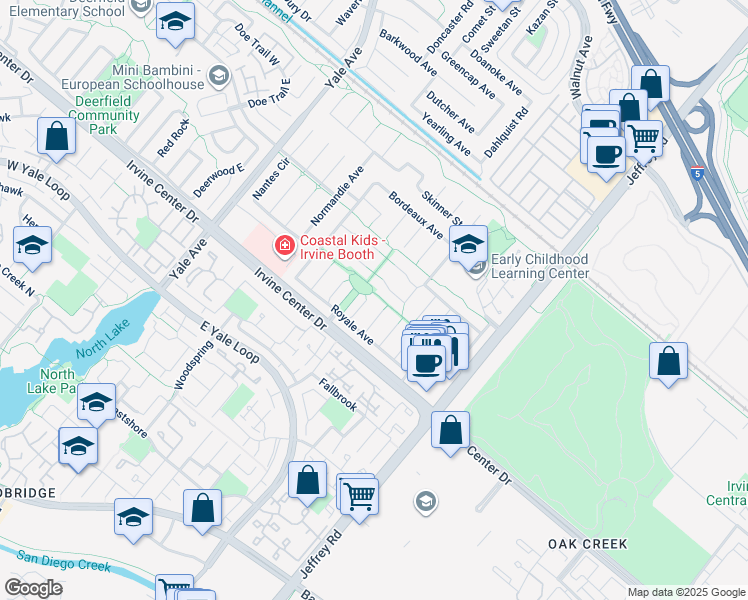 map of restaurants, bars, coffee shops, grocery stores, and more near 15382 Eiffel Circle in Irvine