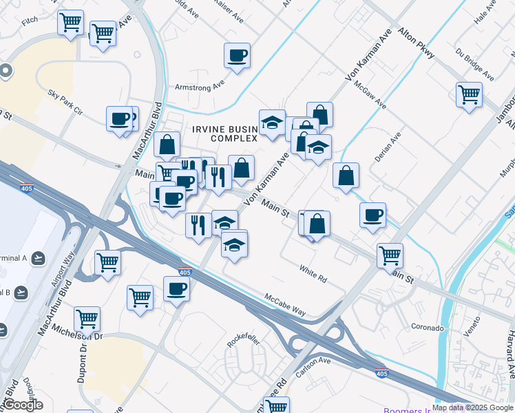 map of restaurants, bars, coffee shops, grocery stores, and more near 2300 Main Street in Irvine