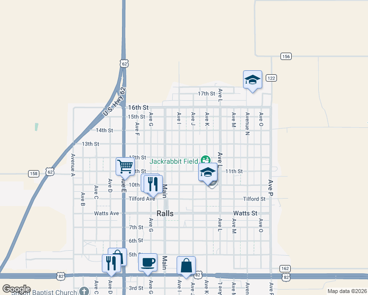map of restaurants, bars, coffee shops, grocery stores, and more near 13th Street in Ralls