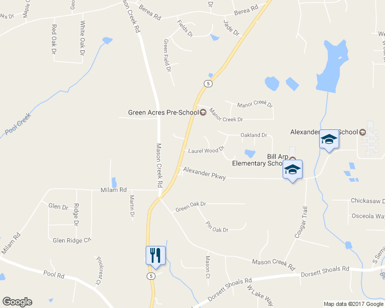 map of restaurants, bars, coffee shops, grocery stores, and more near 6917 Laurelwood Drive in Douglasville