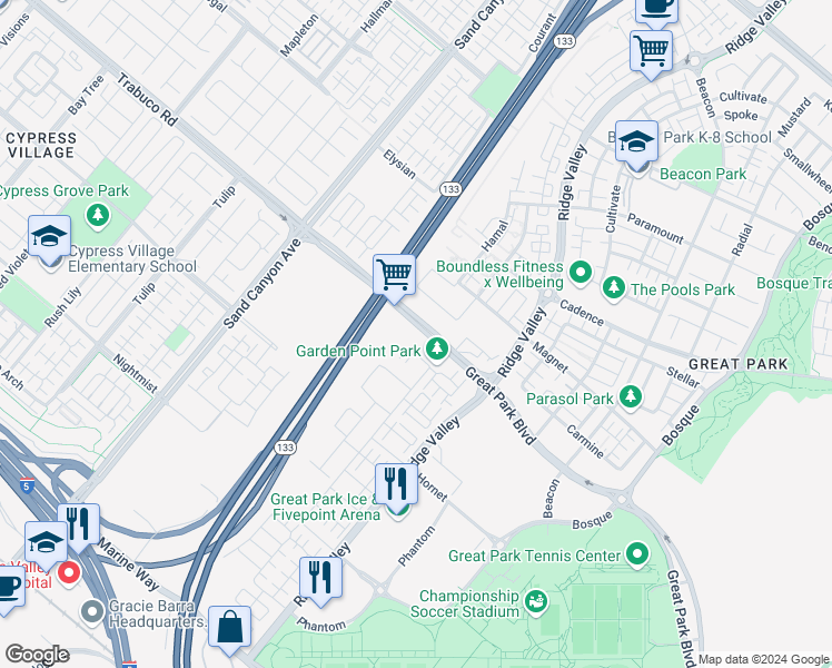 map of restaurants, bars, coffee shops, grocery stores, and more near 112 Okra in Irvine