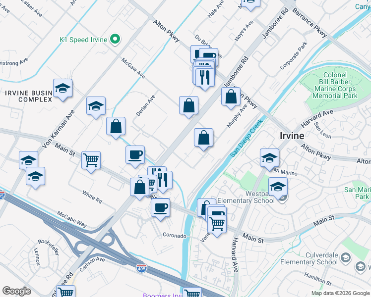 map of restaurants, bars, coffee shops, grocery stores, and more near 2801 Kelvin Avenue in Irvine