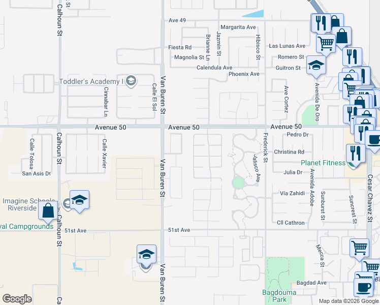 map of restaurants, bars, coffee shops, grocery stores, and more near 50245 Greco Drive in Coachella