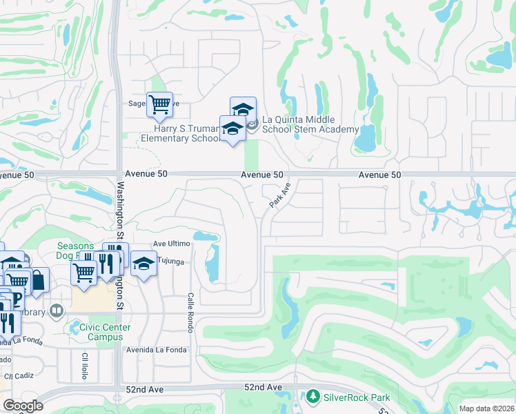 map of restaurants, bars, coffee shops, grocery stores, and more near 78965 Dry Creek Road in La Quinta