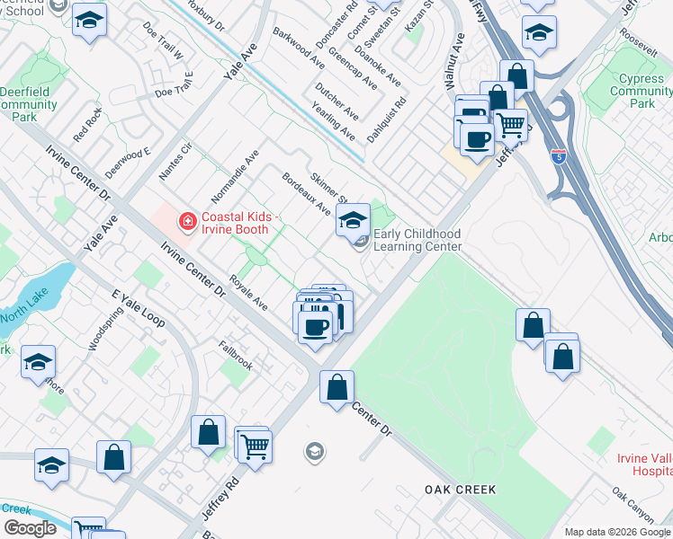 map of restaurants, bars, coffee shops, grocery stores, and more near 5351 Strasbourg Avenue in Irvine