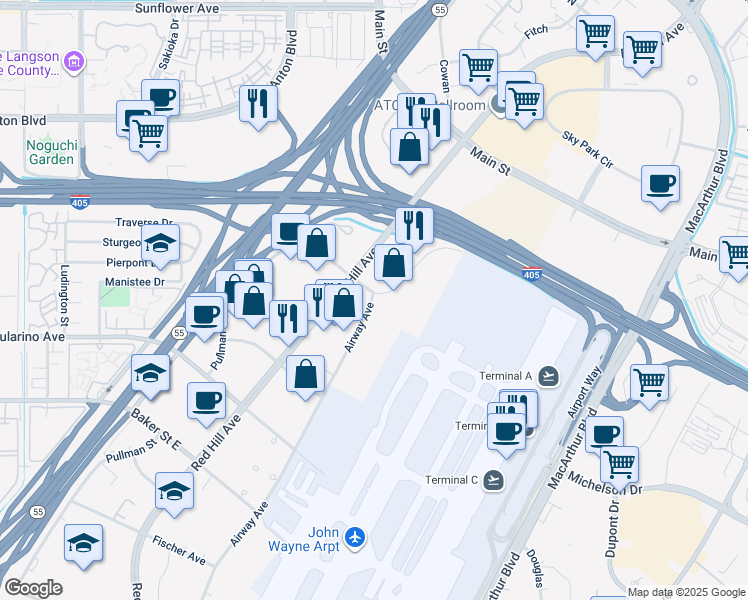 map of restaurants, bars, coffee shops, grocery stores, and more near 3190 Airway Avenue in Costa Mesa