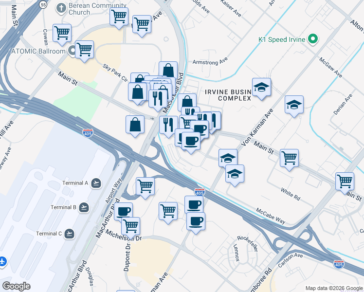 map of restaurants, bars, coffee shops, grocery stores, and more near 2020 Main Street in Irvine