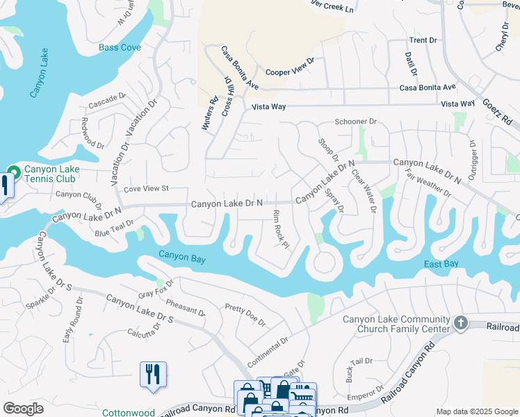 map of restaurants, bars, coffee shops, grocery stores, and more near 23231 Canyon Lake Drive South in Canyon Lake