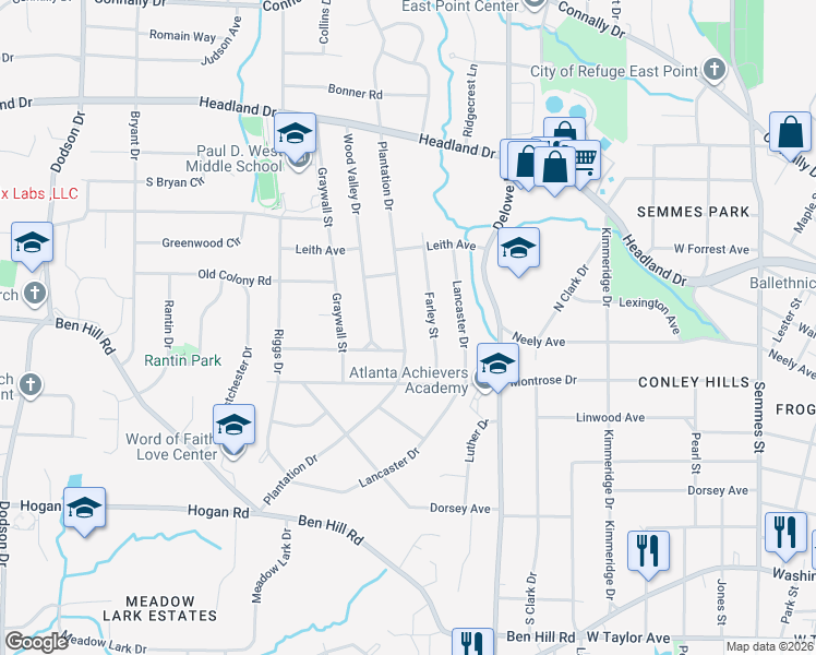 map of restaurants, bars, coffee shops, grocery stores, and more near 2621 Plantation Drive in East Point
