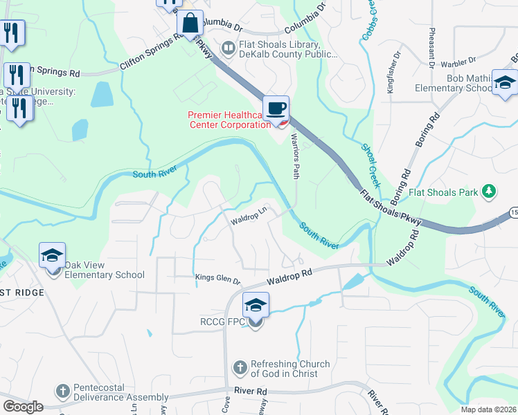 map of restaurants, bars, coffee shops, grocery stores, and more near 3783 Waldrop Lane in Decatur
