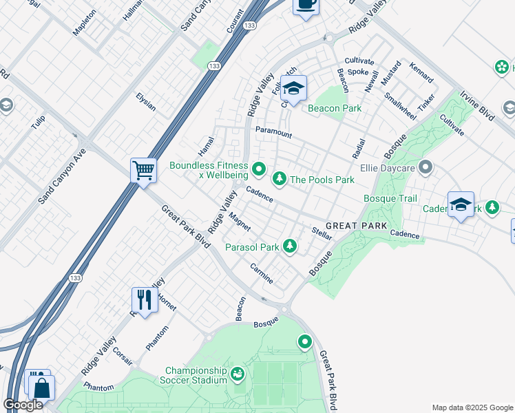 map of restaurants, bars, coffee shops, grocery stores, and more near 118 Stellar in Irvine