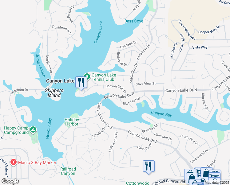 map of restaurants, bars, coffee shops, grocery stores, and more near 22560 Canyon Lake Drive North in Canyon Lake
