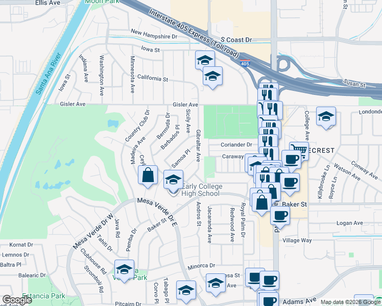 map of restaurants, bars, coffee shops, grocery stores, and more near 3131 Samoa Place in Costa Mesa