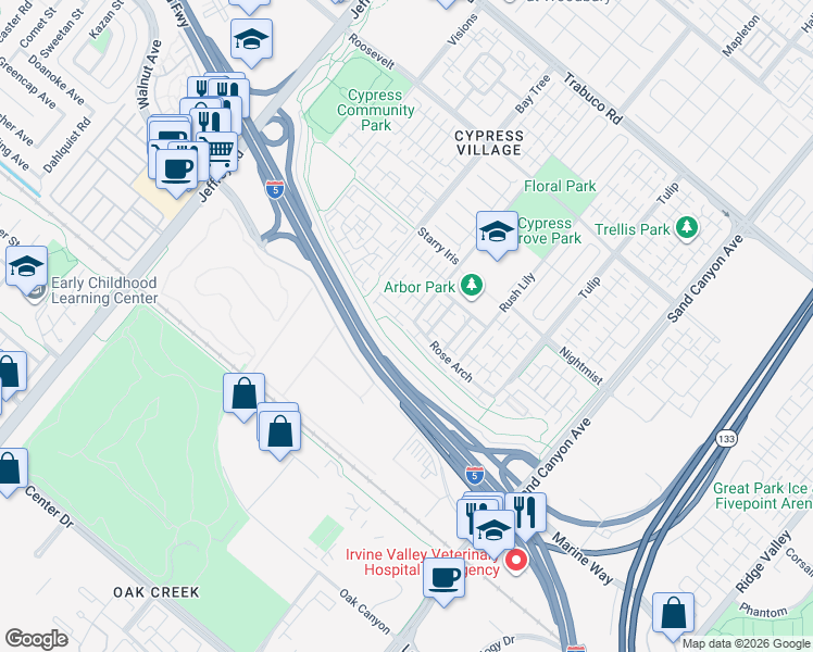 map of restaurants, bars, coffee shops, grocery stores, and more near 126 Rose Arch in Irvine