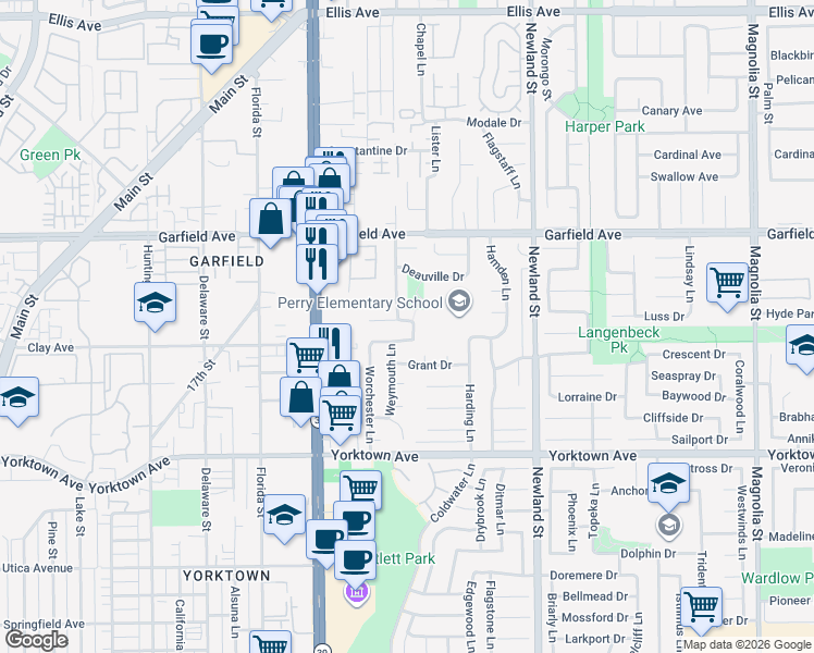 map of restaurants, bars, coffee shops, grocery stores, and more near 8161 Dartmoor Drive in Huntington Beach