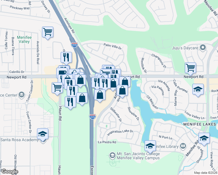 map of restaurants, bars, coffee shops, grocery stores, and more near 30111 Antelope Road in Menifee