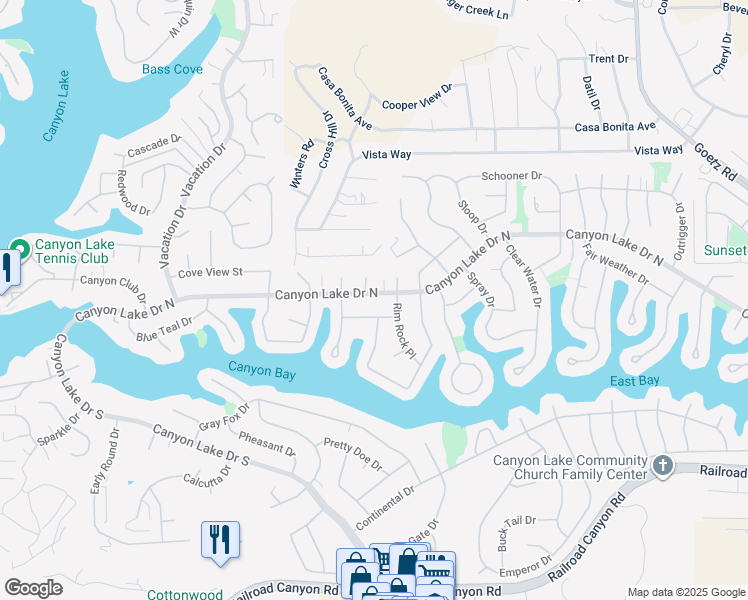map of restaurants, bars, coffee shops, grocery stores, and more near 23231 Canyon Lake Drive North in Canyon Lake