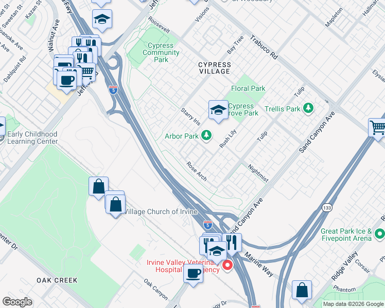 map of restaurants, bars, coffee shops, grocery stores, and more near 62 Emerald Clover in Irvine