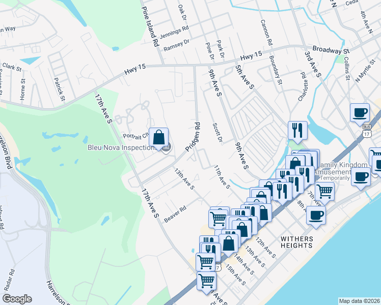 map of restaurants, bars, coffee shops, grocery stores, and more near 1201 Tiffany Lane in Myrtle Beach