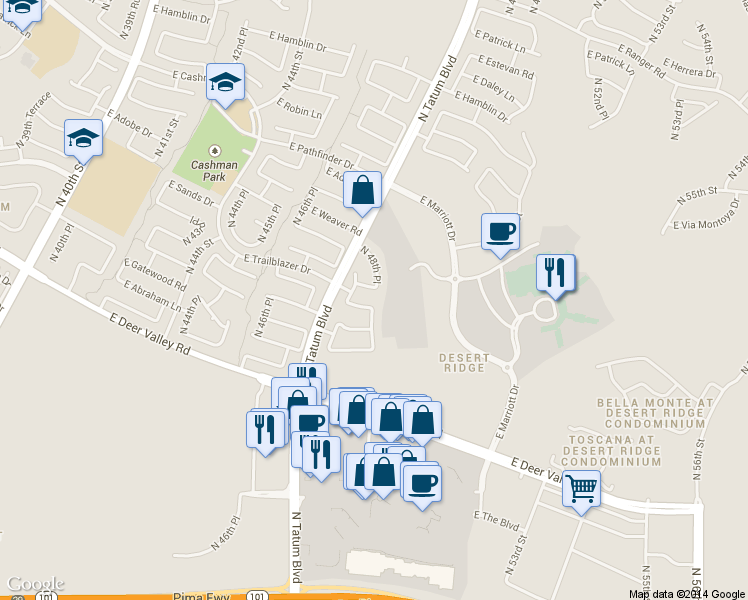 map of restaurants, bars, coffee shops, grocery stores, and more near 21805 North 48th Place in Phoenix