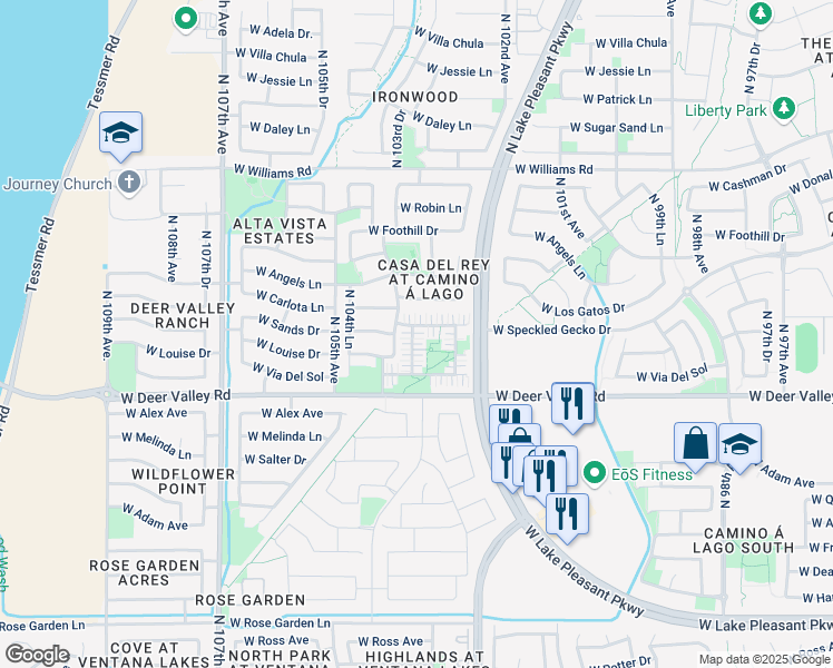 map of restaurants, bars, coffee shops, grocery stores, and more near 10370 West Sands Drive in Peoria