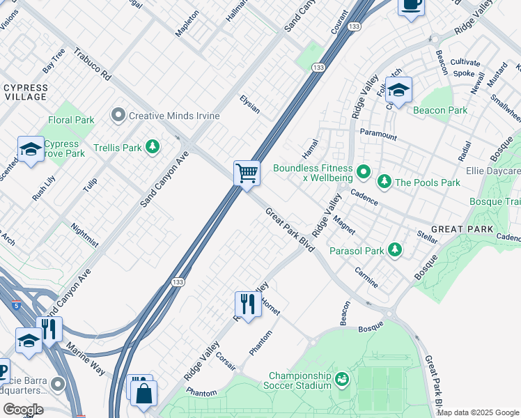 map of restaurants, bars, coffee shops, grocery stores, and more near 112 Okra in Irvine