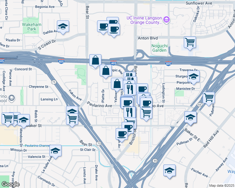 map of restaurants, bars, coffee shops, grocery stores, and more near 3106 Yellowstone Drive in Costa Mesa