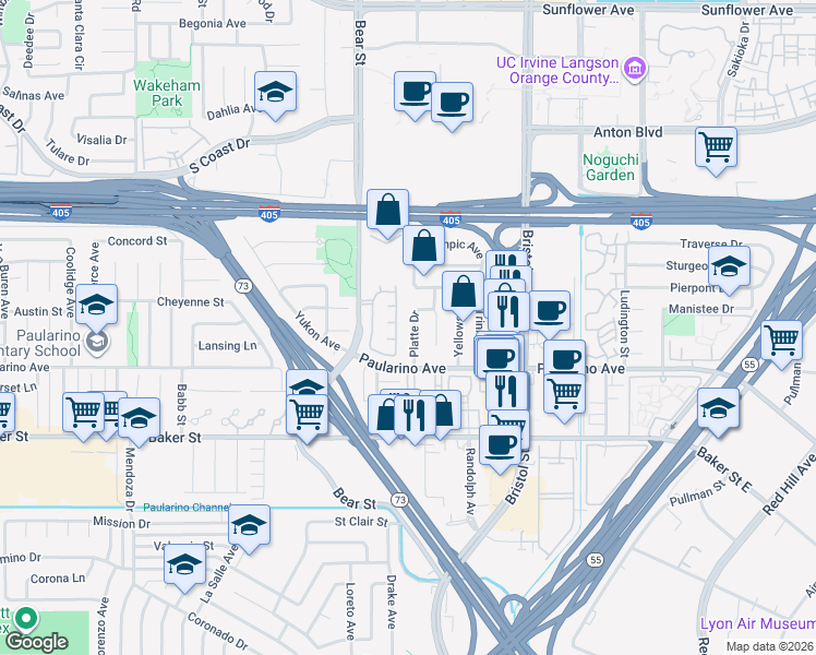 map of restaurants, bars, coffee shops, grocery stores, and more near 3109 Roanoke Lane in Costa Mesa