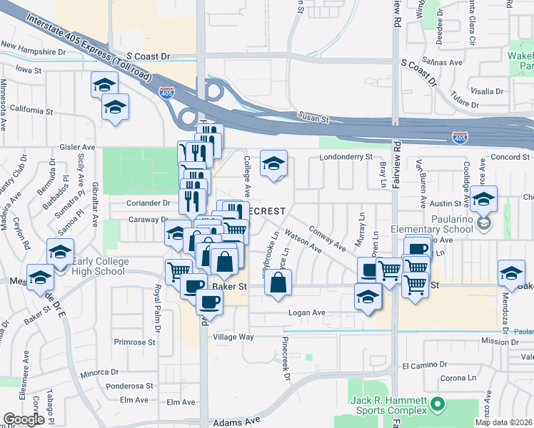map of restaurants, bars, coffee shops, grocery stores, and more near 1364 Watson Avenue in Costa Mesa