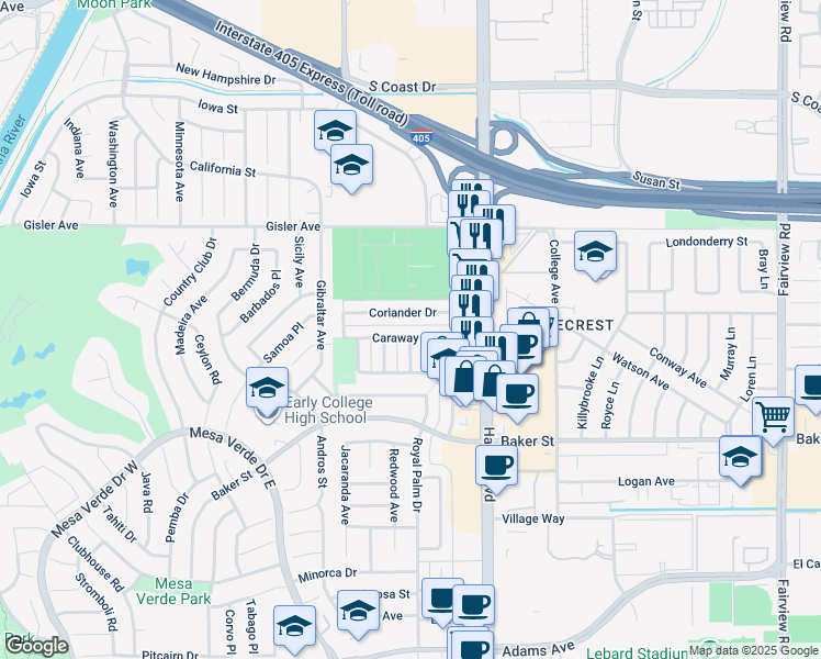 map of restaurants, bars, coffee shops, grocery stores, and more near 1587 Coriander Drive in Costa Mesa