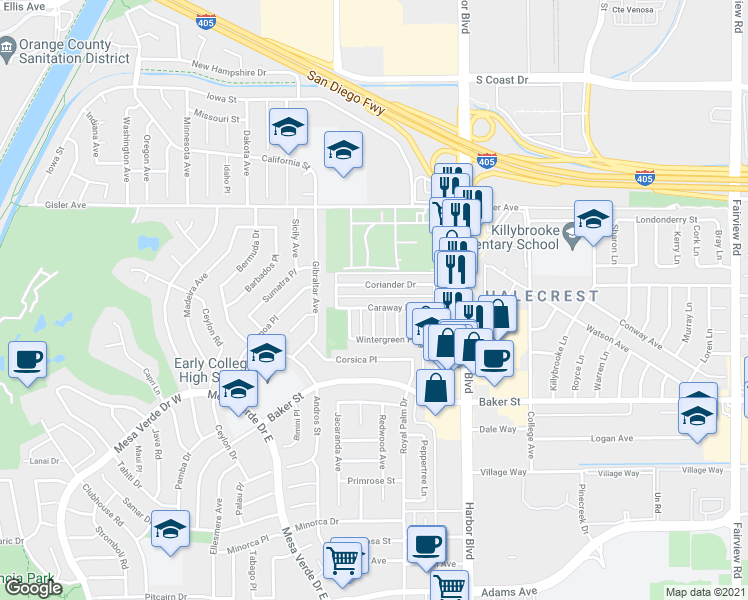 map of restaurants, bars, coffee shops, grocery stores, and more near 1623 Coriander Drive in Costa Mesa