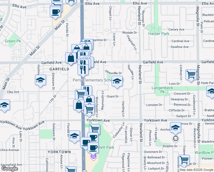 map of restaurants, bars, coffee shops, grocery stores, and more near 8161 Dartmoor Drive in Huntington Beach