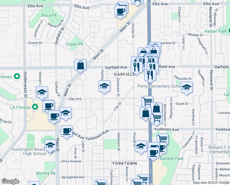 map of restaurants, bars, coffee shops, grocery stores, and more near 19161 Delaware Street in Huntington Beach