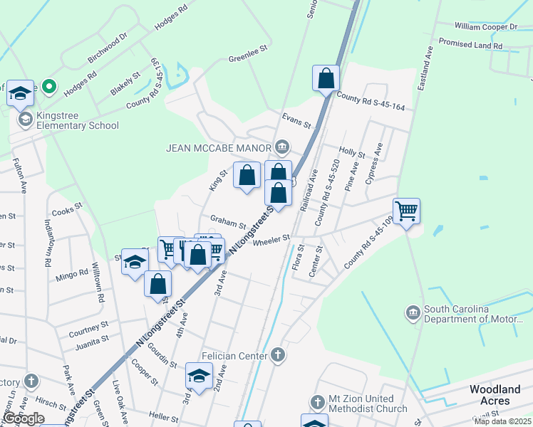 map of restaurants, bars, coffee shops, grocery stores, and more near 1655 North Longstreet Street in Kingstree