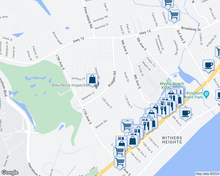 map of restaurants, bars, coffee shops, grocery stores, and more near 1202 Tiffany Lane in Myrtle Beach