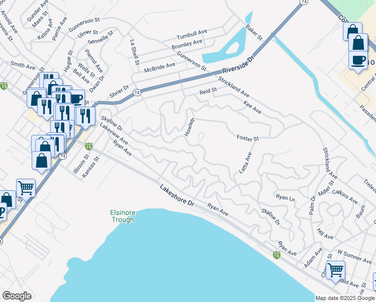 map of restaurants, bars, coffee shops, grocery stores, and more near Skyline Drive in Lake Elsinore