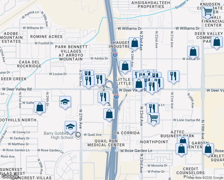 map of restaurants, bars, coffee shops, grocery stores, and more near 2513 West Deer Valley Road in Phoenix