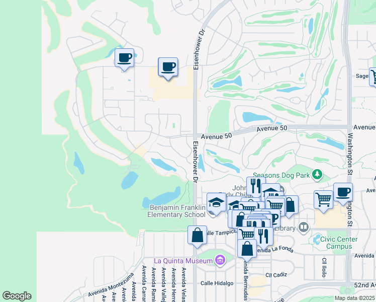 map of restaurants, bars, coffee shops, grocery stores, and more near 77662 Avenue Madrugada in La Quinta