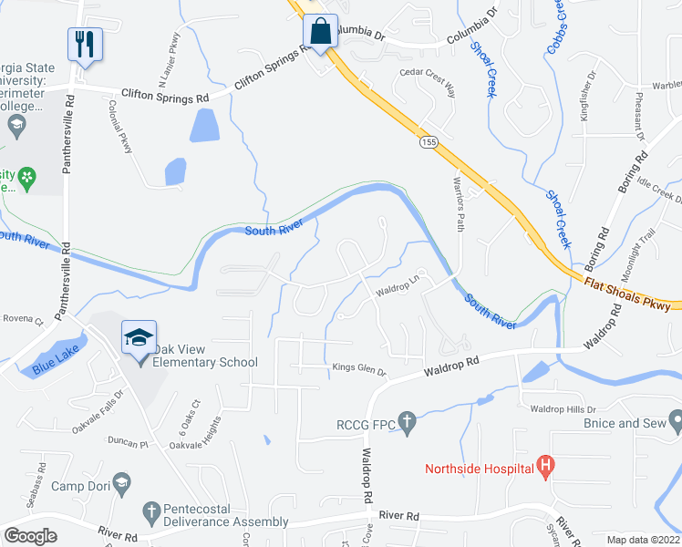 map of restaurants, bars, coffee shops, grocery stores, and more near 3411 Waldrop Trail in Decatur