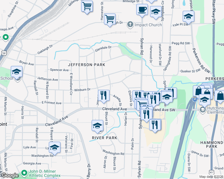 map of restaurants, bars, coffee shops, grocery stores, and more near 2612 Blount Street in East Point