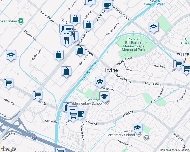 map of restaurants, bars, coffee shops, grocery stores, and more near 33 Abrazo Aisle in Irvine