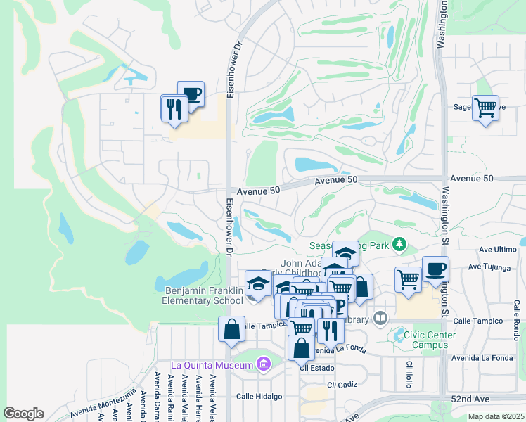 map of restaurants, bars, coffee shops, grocery stores, and more near 50135 Malaga Court in La Quinta