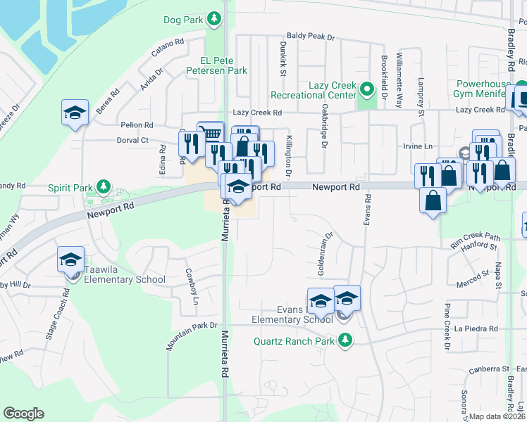 map of restaurants, bars, coffee shops, grocery stores, and more near 26100 San Quintin Road in Menifee