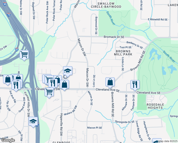 map of restaurants, bars, coffee shops, grocery stores, and more near 2608 Macon Drive Southwest in Atlanta