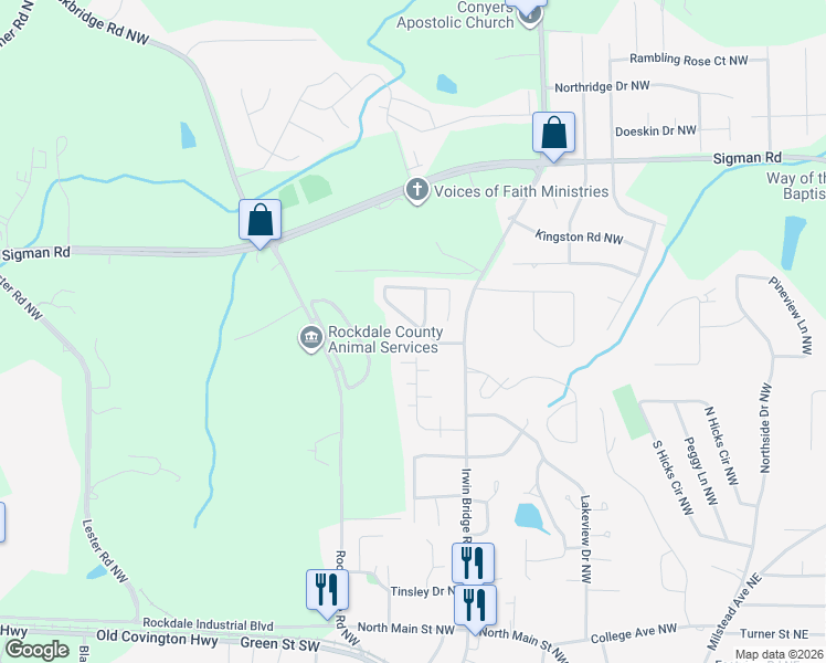 map of restaurants, bars, coffee shops, grocery stores, and more near 1174 Pinedale Circle Northwest in Conyers