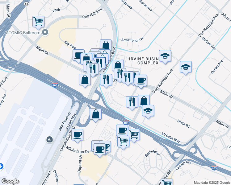 map of restaurants, bars, coffee shops, grocery stores, and more near 2020 Main Street in Irvine