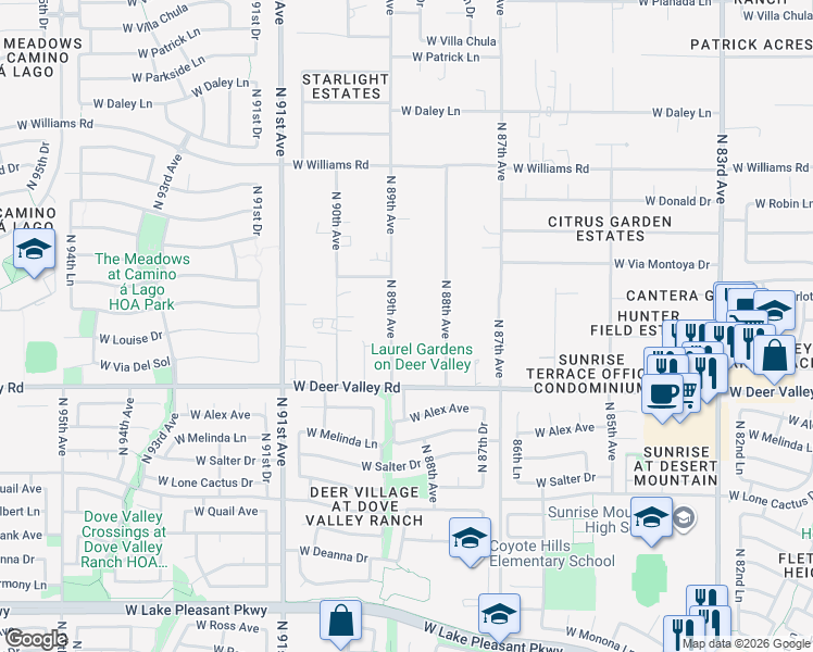 map of restaurants, bars, coffee shops, grocery stores, and more near 22009 North 89th Avenue in Peoria